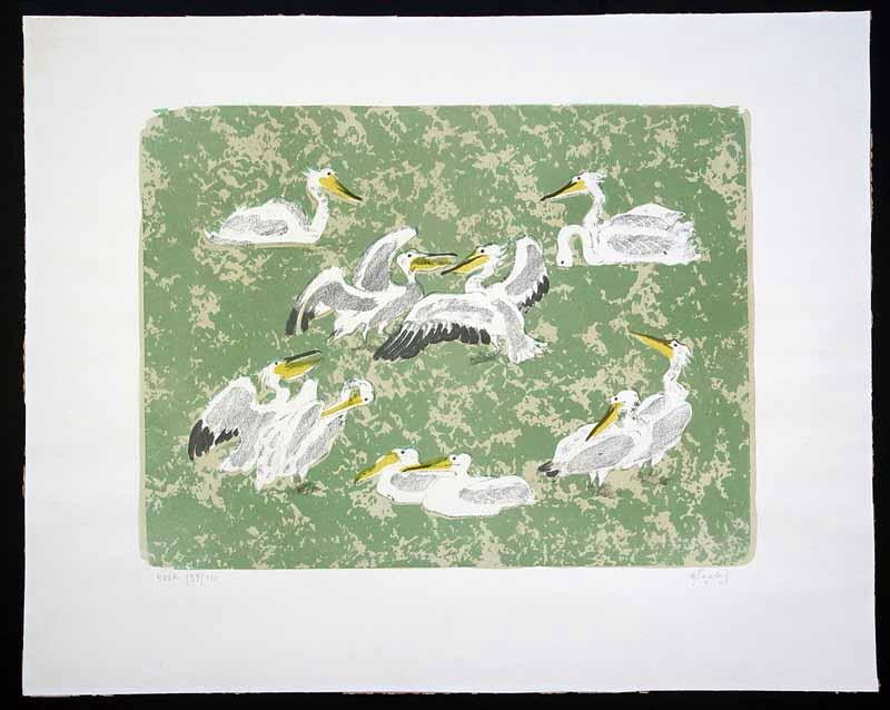 Pelikane, Farblithografie, 1965, 32,50 x 43,50 cm